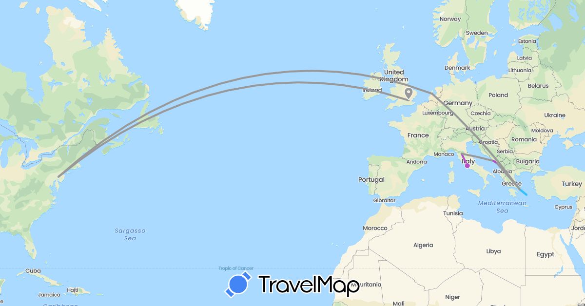 TravelMap itinerary: driving, plane, train, boat in United Kingdom, Greece, Croatia, Italy, Montenegro, Netherlands, United States (Europe, North America)